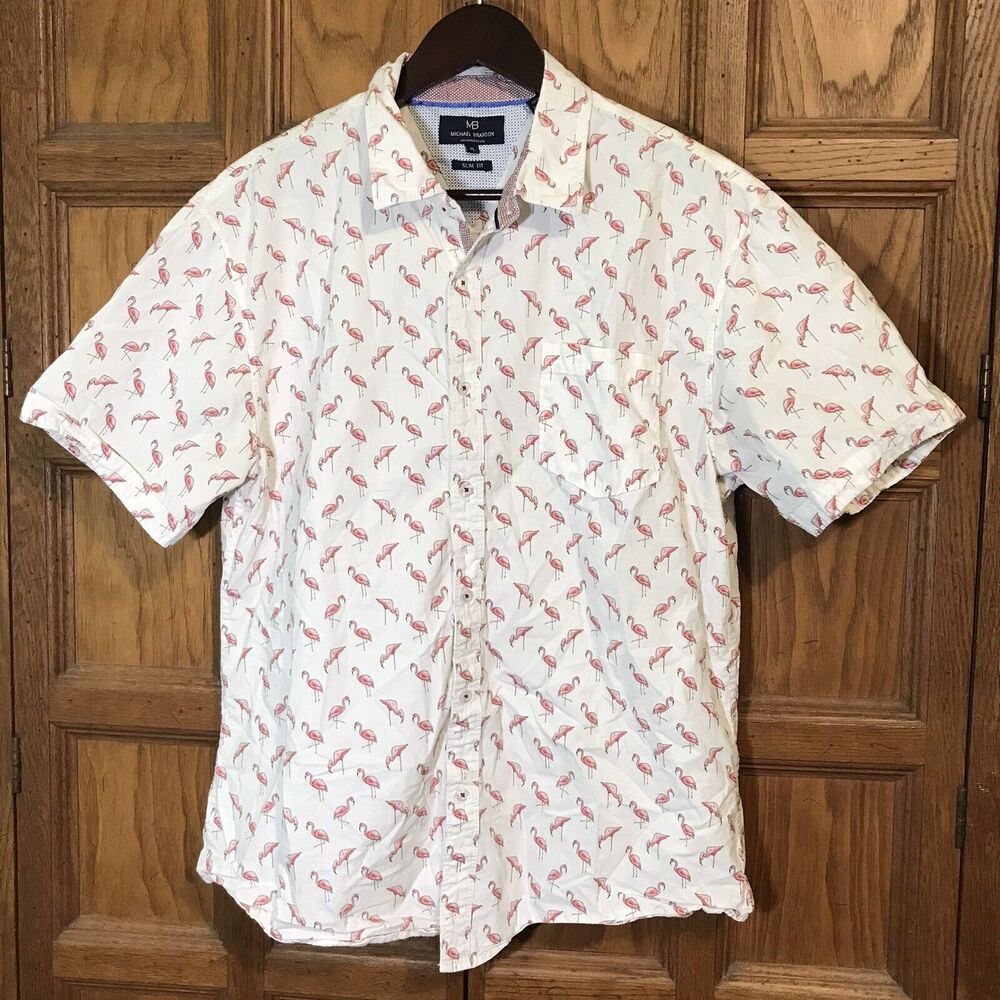 MB Michael Brandon Slim Fit Men's XL White Pink Flamingo Print Button Down Shirt